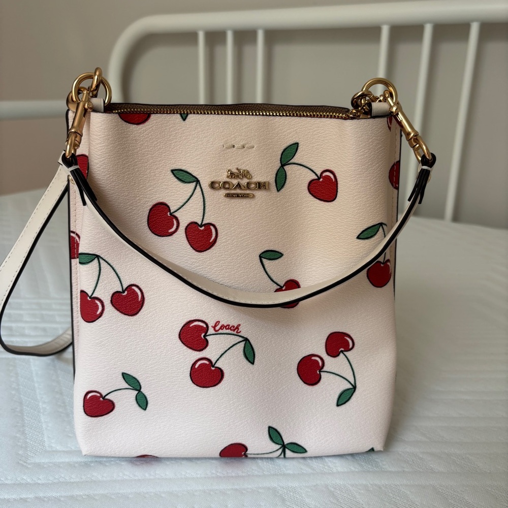 Preowned Coach CF422 Mollie Bucket 22 With Heart Cherry Print